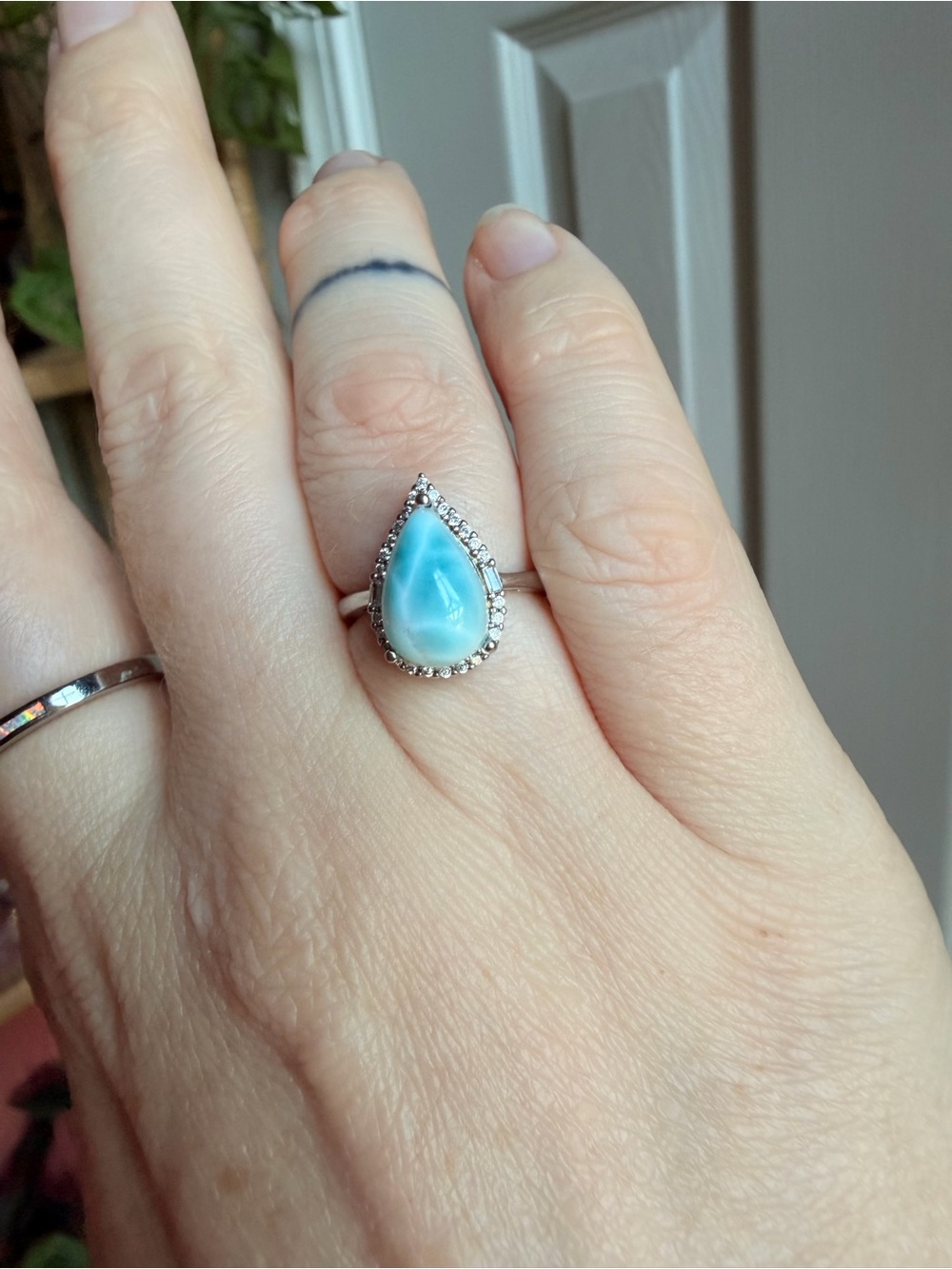 Silver Teardrop Blue Larimar Halo Ring adjustable